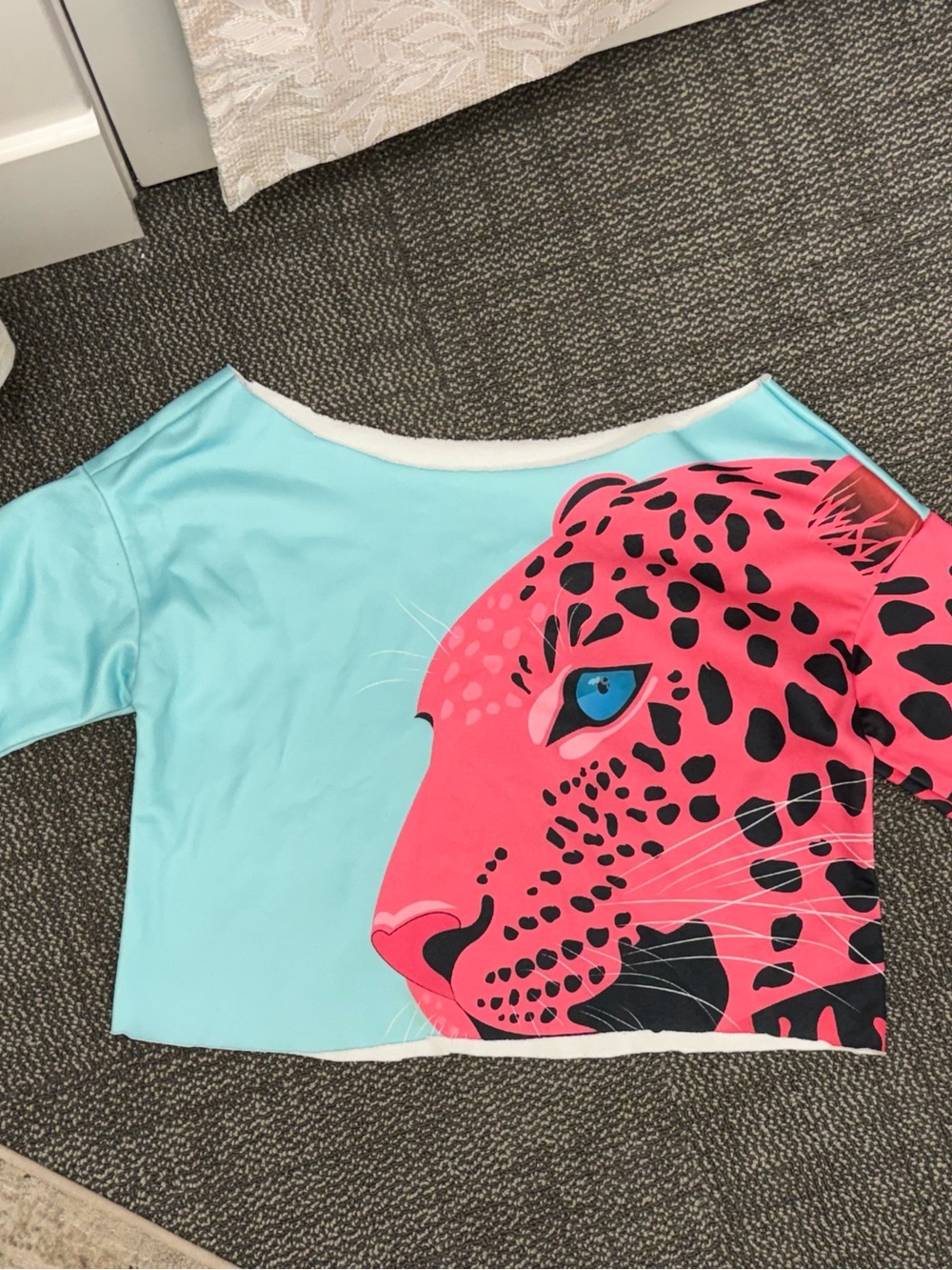 Aqua Crop Top with Pink Leopard Graphic wide neck (off shoulder look)